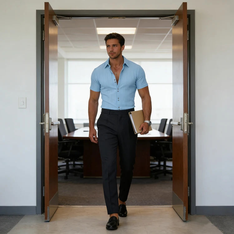 Men's Polyester Textured Short Sleeve Shirt With Turn Down Collar