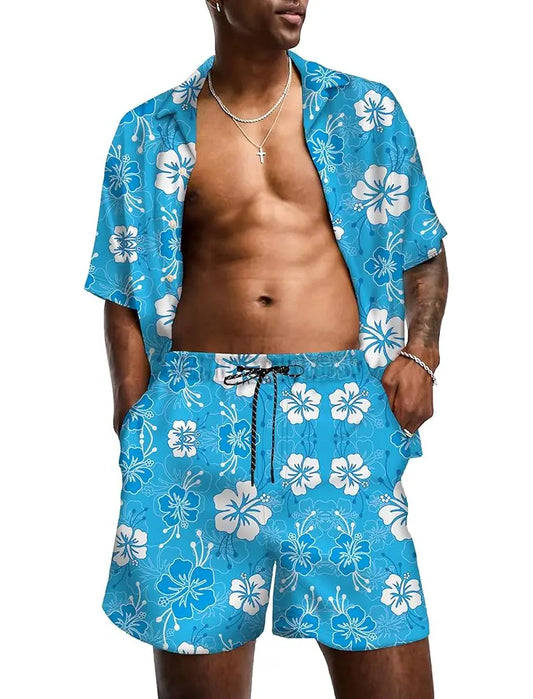 KYKU Mens Hawaiian Shirt and Short Set - Summer Short Sleeve Button Down Beach Shirts Tropical Vacation 2 Piece Outfits