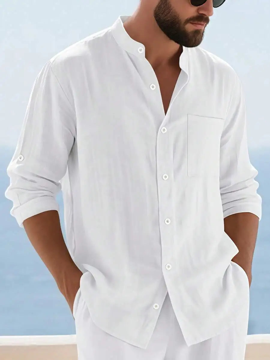 Mens Linen Stand Collar Long Sleeve Shirt Breathable Casual Beachwear