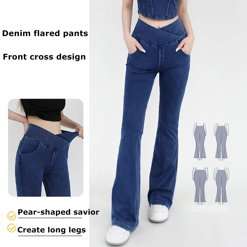 Casual Womens Jeans Bell Bottom High Waist Denim Activewear