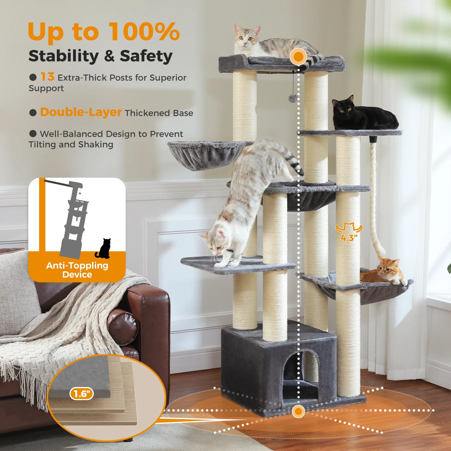 PAWZ Road Large Cat Tree for Big Cats With Hammock
