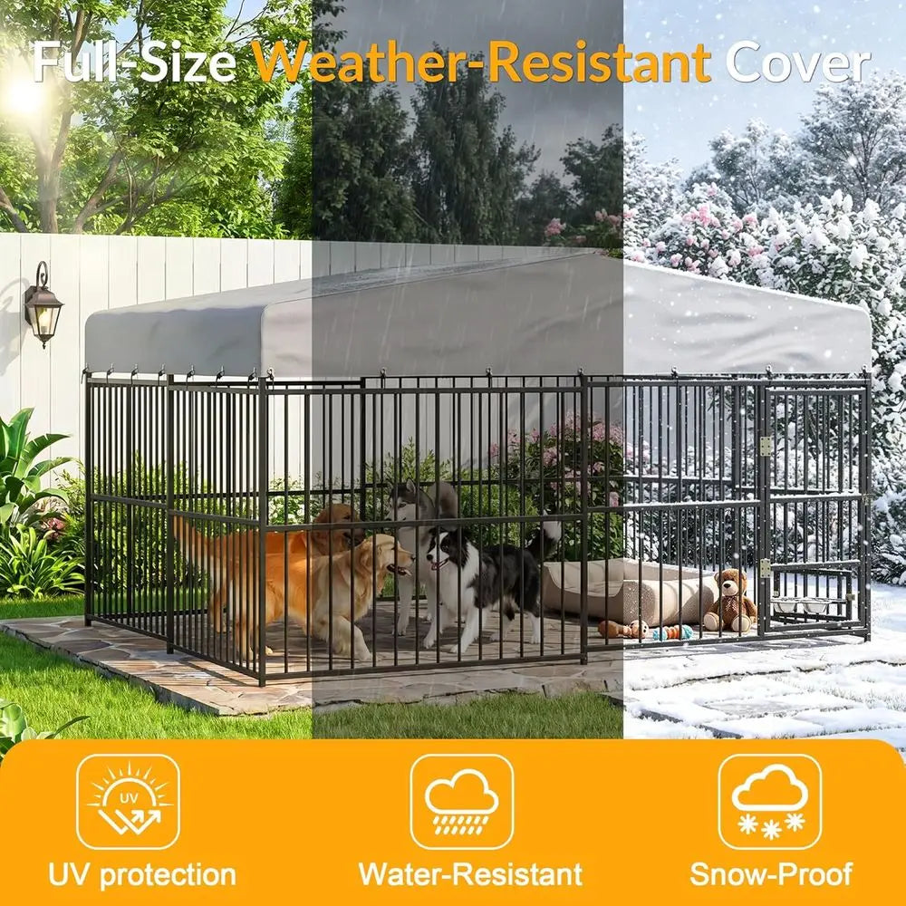 Heavy-Duty Outdoor Dog Kennel With Waterproof Cover And Rotating Bowls