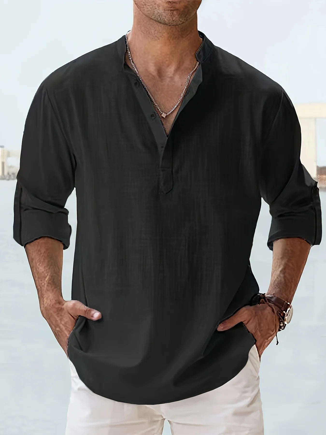 Men's Linen Stand Collar Long Sleeve Cotton Linen Shirt
