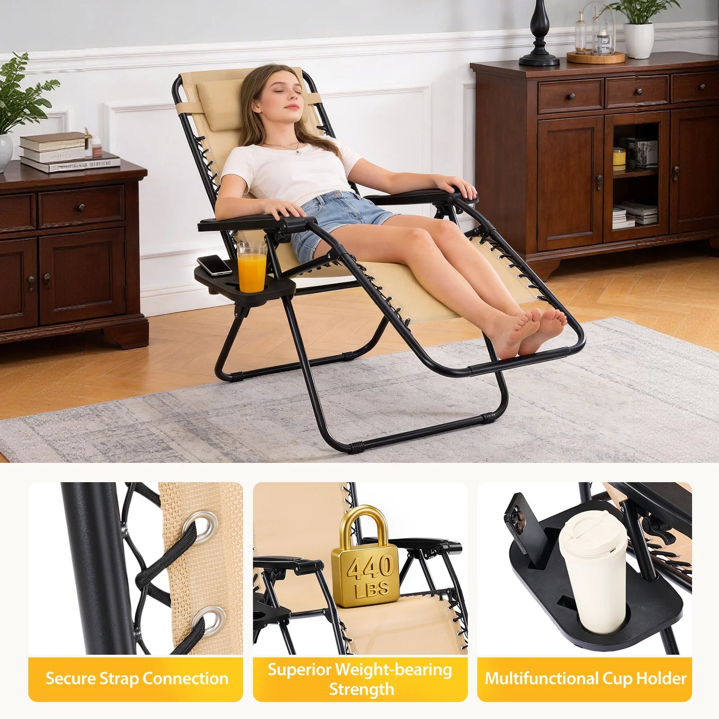 JHK Portable Zero Gravity Recliner Chairs Set of 2 With Cup Holder Trays