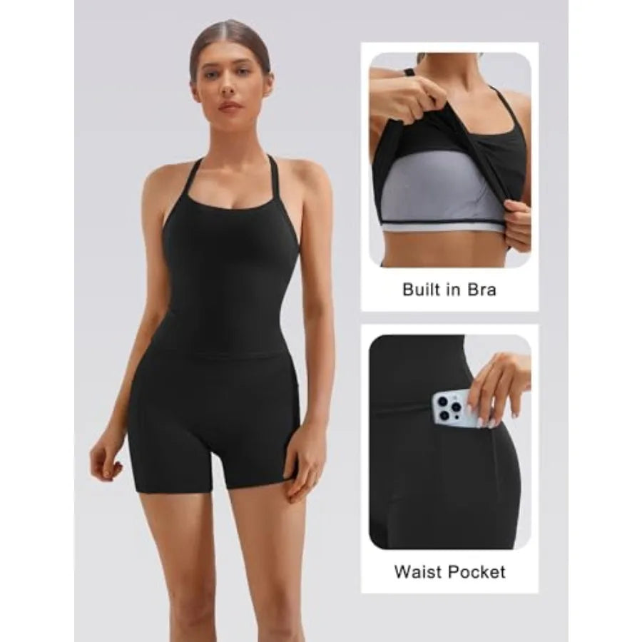 Women Two Piece Workout Set BuiltInBra Pockets Shorts TankTop