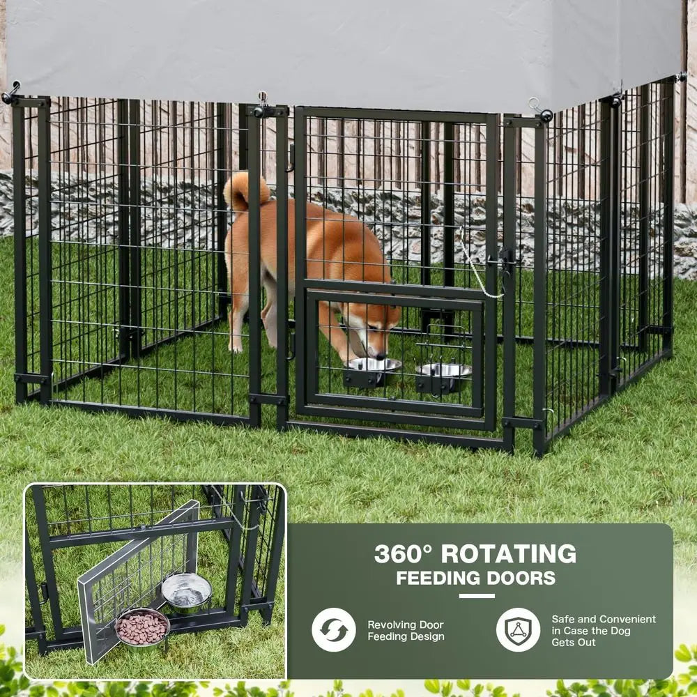 Sturdy Steel Outdoor Kennel With Lockable Door And Rotating Bowls