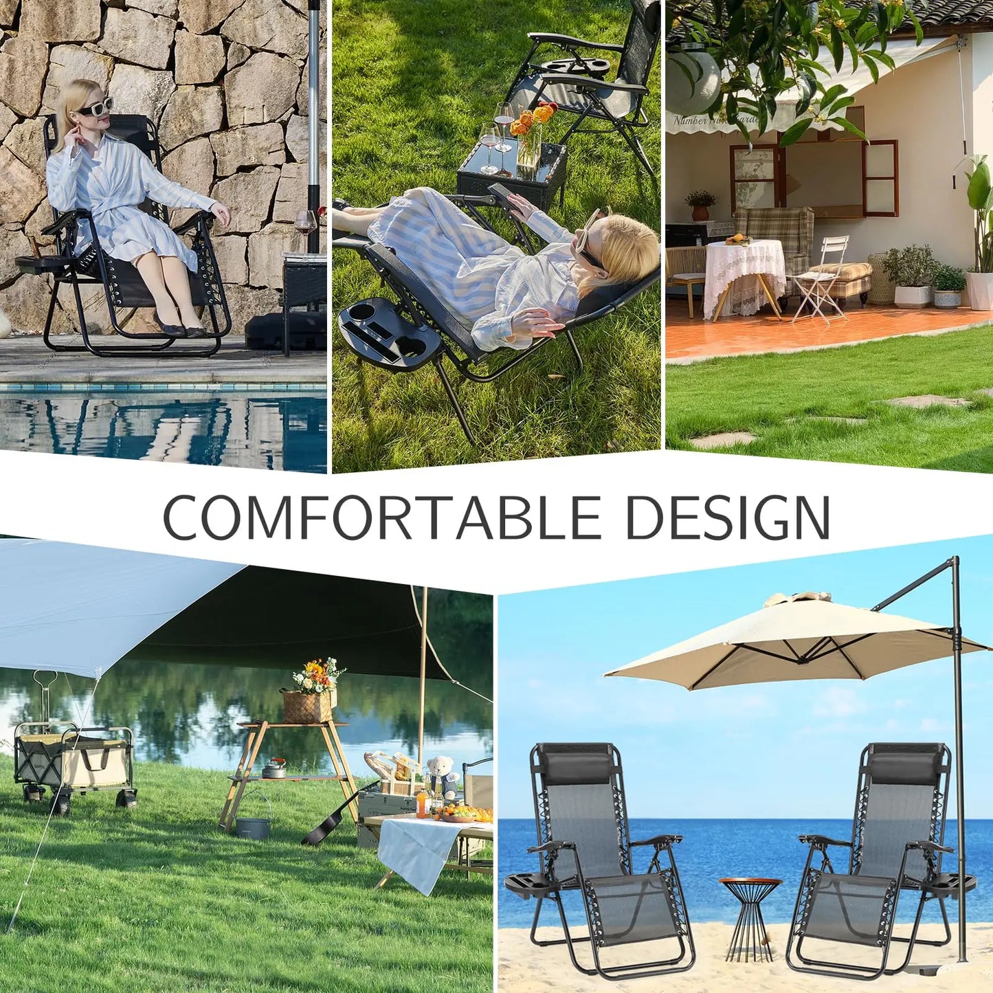 JHK Portable Zero Gravity Recliner Chairs Set of 2 With Cup Holder Trays