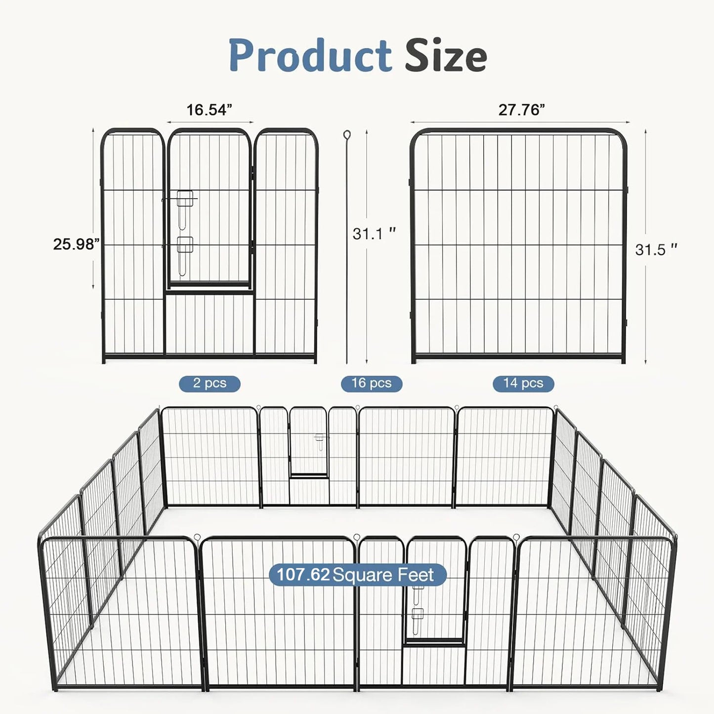 JHK Foldable 16 Panel Dog Playpen Metal Fence For Indoor And Outdoor Use
