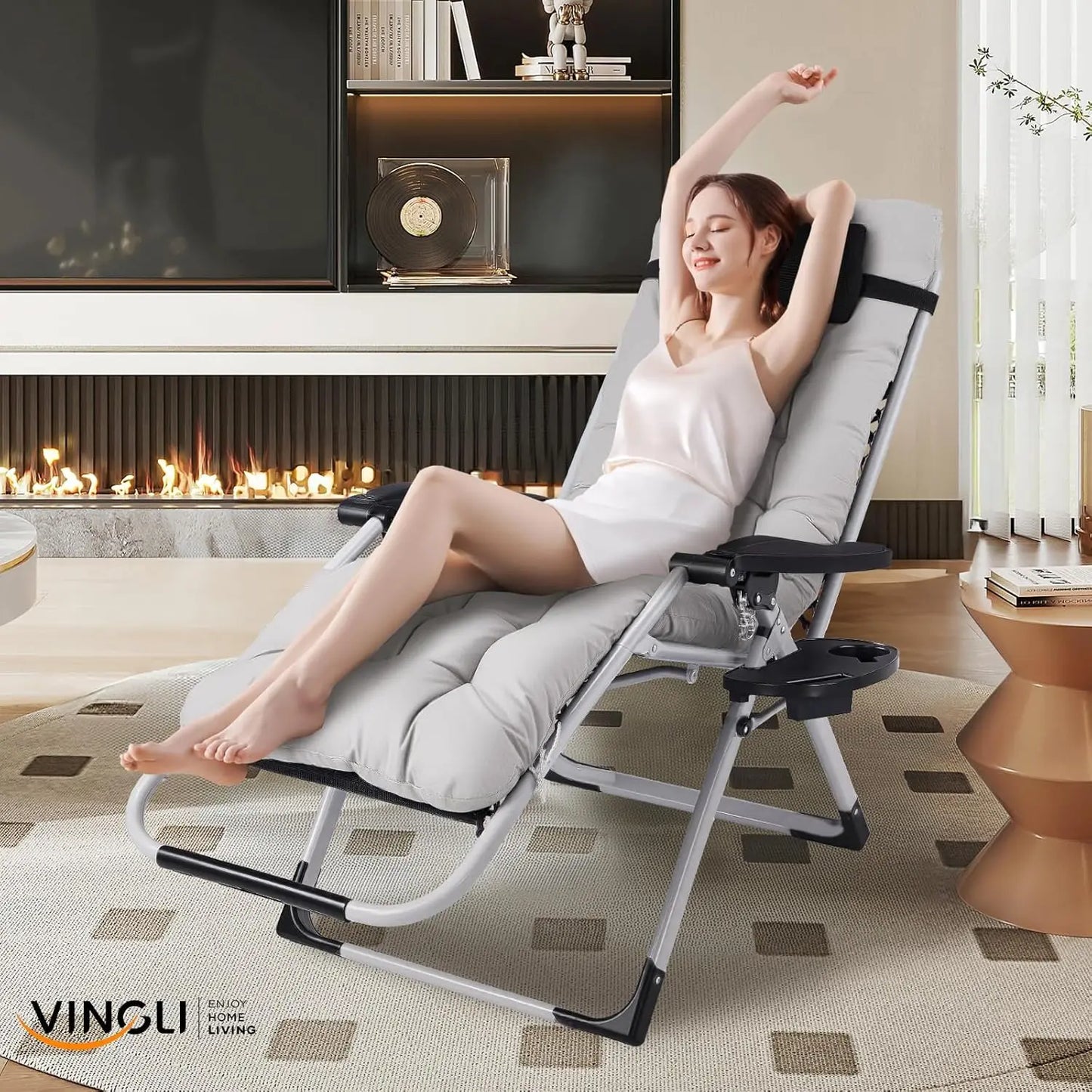 Padded Zero Gravity Patio Chair With Removable Cushion And Tray