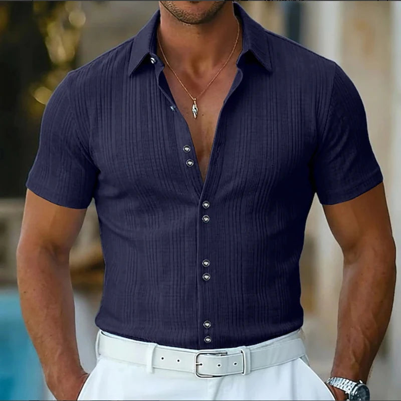 Men's Polyester Textured Short Sleeve Shirt With Turn Down Collar