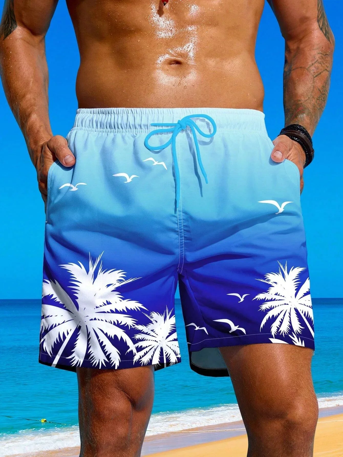 Summer Vacation Palm Tree Print Drawstring Board Shorts Breathable Streetwear