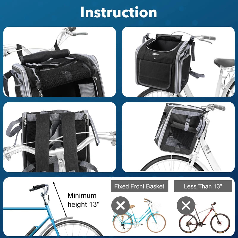 Fuled Dog Cat Bike Basket Carrier Expandable Soft Sided Backpack
